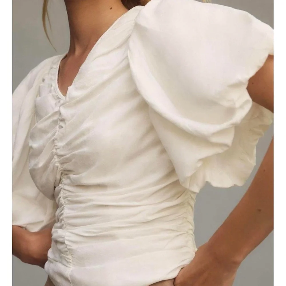 Anthropologie Pilcro XS‎ White Ruched Puff Sleeve V-Neck Smocked Blouse Top